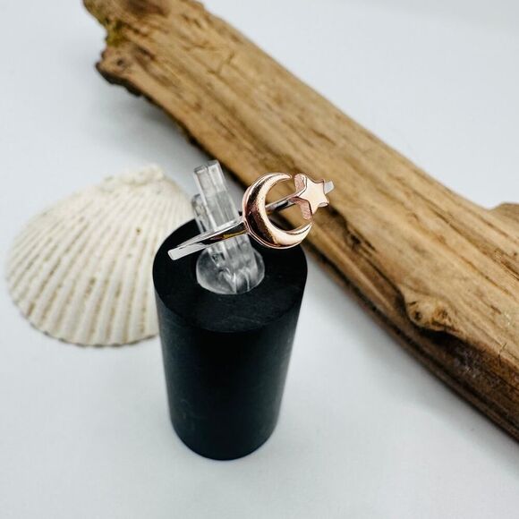 Sterling Silver Moon & Star Ring – Rose Gold & Rhodium Plated - Picture 3 of 4